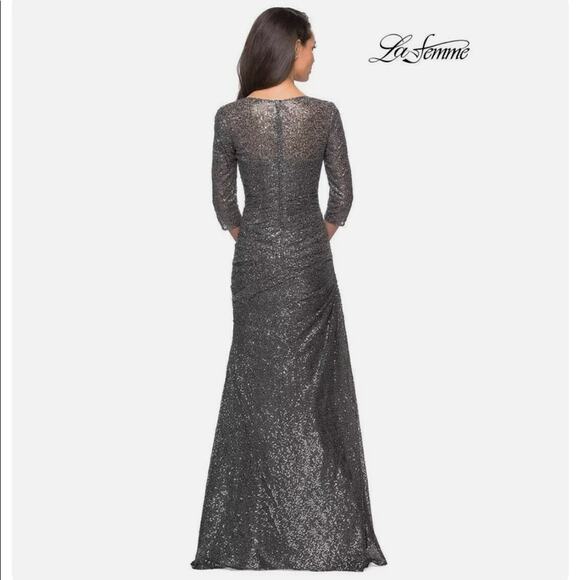 La Femme - Sequined, Shirred Trumpet Dress in Gunmetal NWT Size 4 - Picture 8 of 10